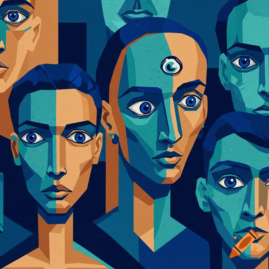 Multiple stylized cubist faces in shades of blue, teal, and brown, with one person featuring a third eye on their forehead.