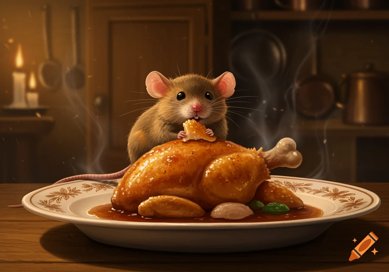 A cute brown mouse sits atop a golden-brown roasted chicken on a white plate, taking a bite, in a dimly lit, cozy kitchen.
