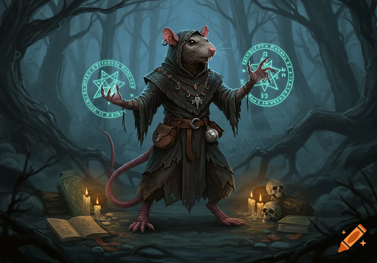 A hooded humanoid rat wizard casts spells with glowing runic circles in a dark, root-filled forest, with skulls and candles.
