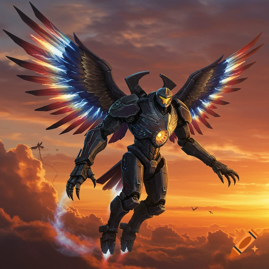A large, dark armored robot with glowing red, white, and blue wings flies through an orange and purple sunset sky.