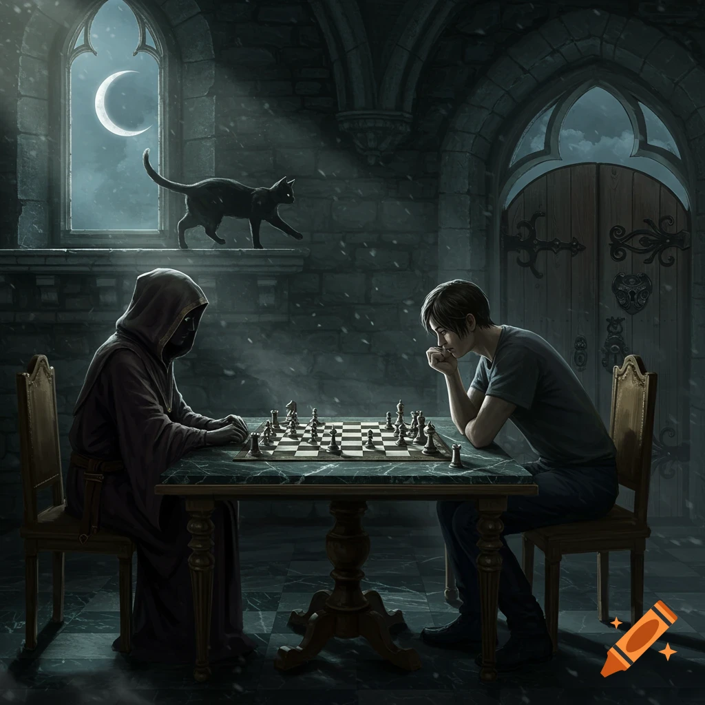 A dark fantasy scene of two figures playing chess in a gothic hall with a black cat by a moonlit window.