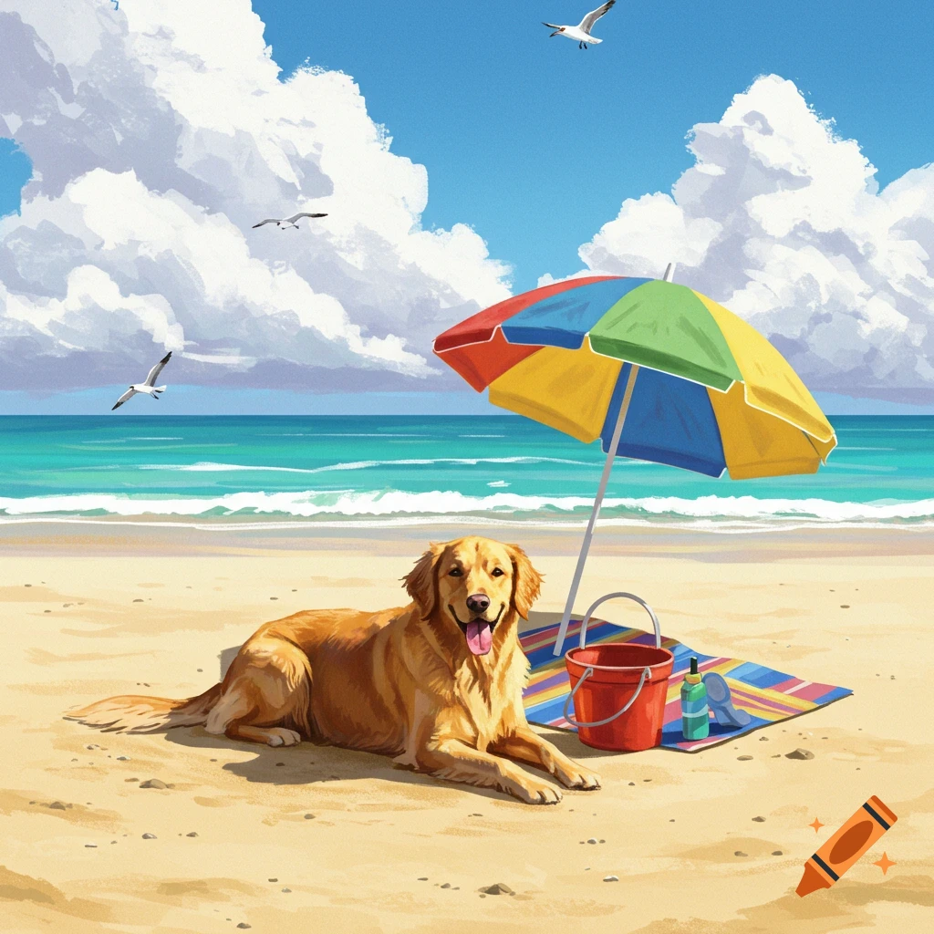 A golden retriever lies on a sandy beach under a colorful umbrella with seagulls flying overhead.