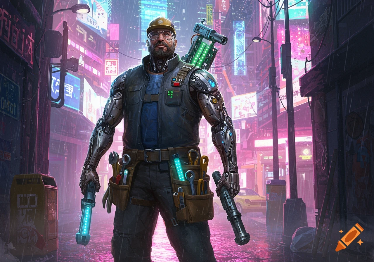 A man with cybernetic arms and a toolbelt stands in a neon-lit, rainy cyberpunk city street.