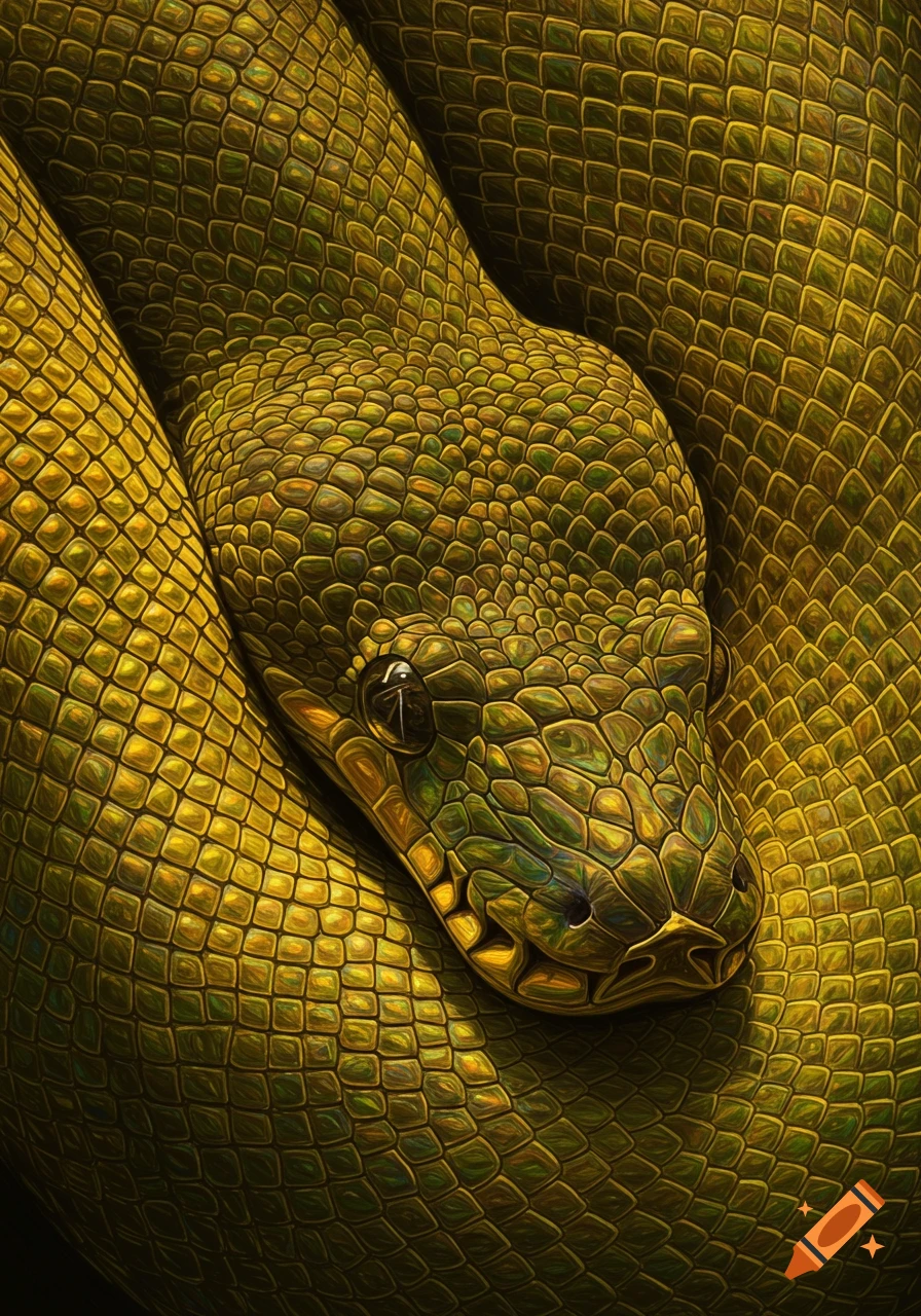 Close-up, detailed shot of a green and gold python's head and coiled, textured scales.