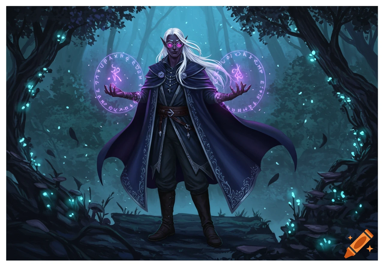 A male Drow elf sorcerer with white hair and pink glasses casts purple magic runes in a mystical dark forest.