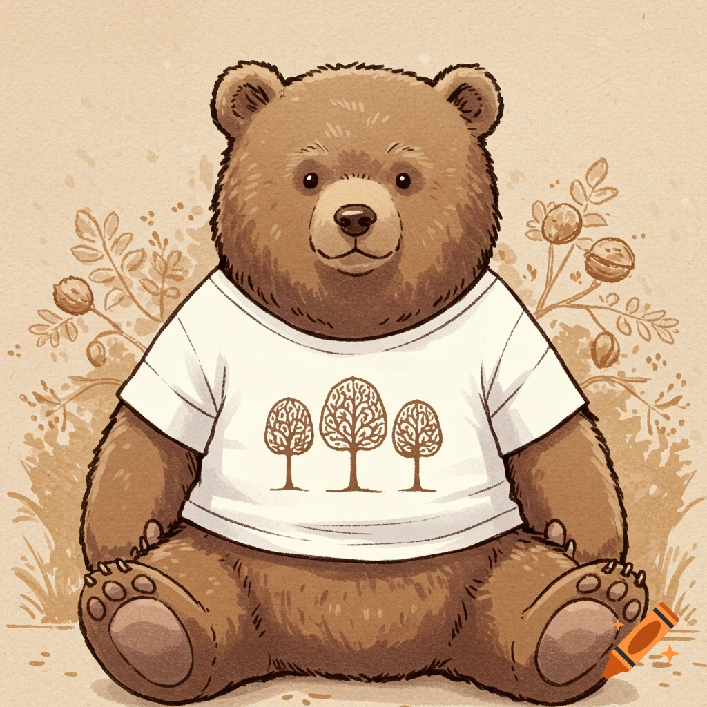 A friendly brown bear wearing a white t-shirt with three tree designs, drawn in a vintage children's book style.
