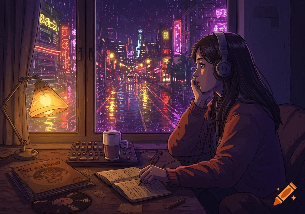 An animated girl with headphones sits by a window at night, looking out at a rainy, neon-lit city street, with a desk lamp, vinyl records, and a book in front of her.