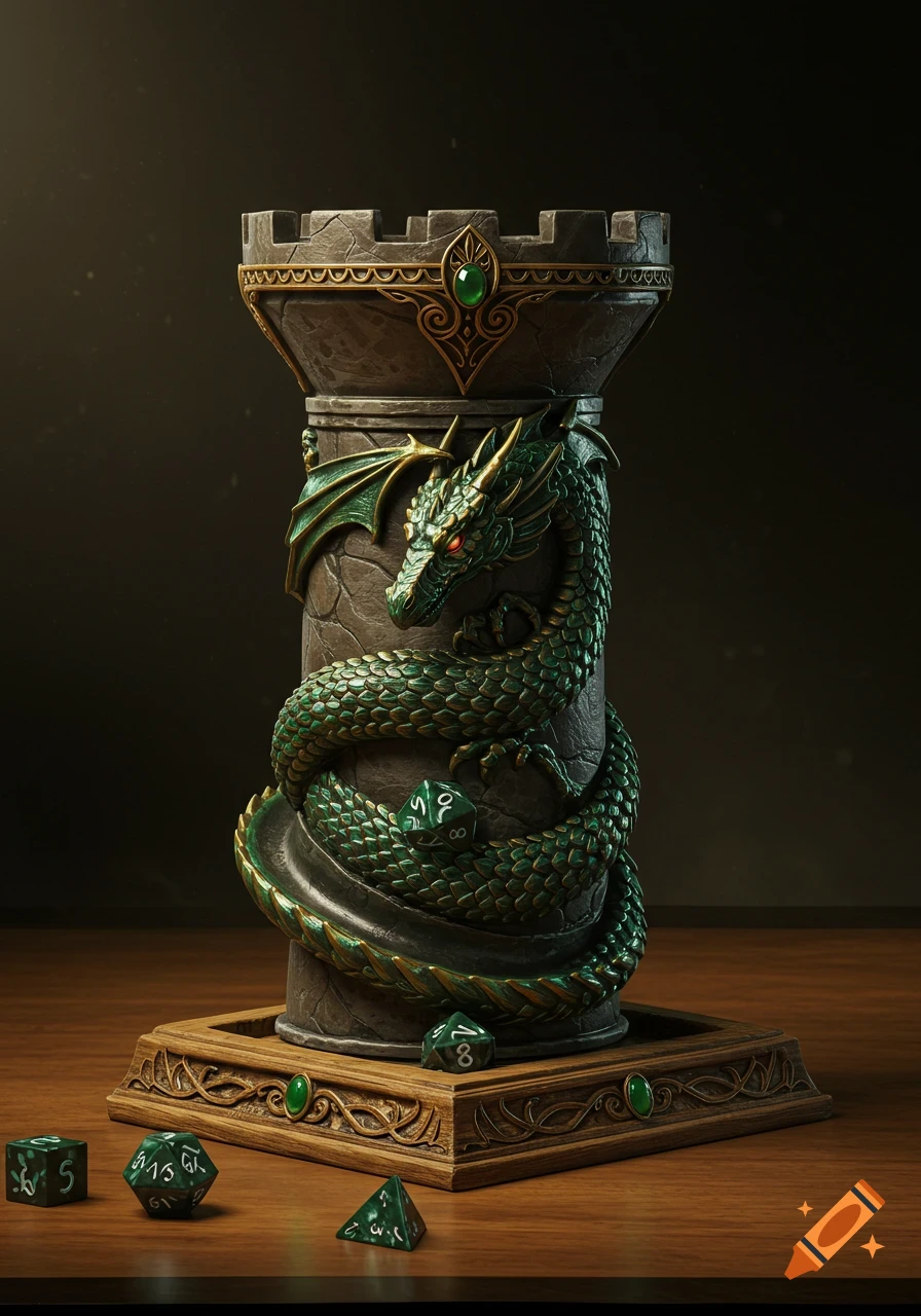 Photorealistic image of a stone dice tower adorned with a green dragon sculpture and several green gaming dice on a wooden surface.