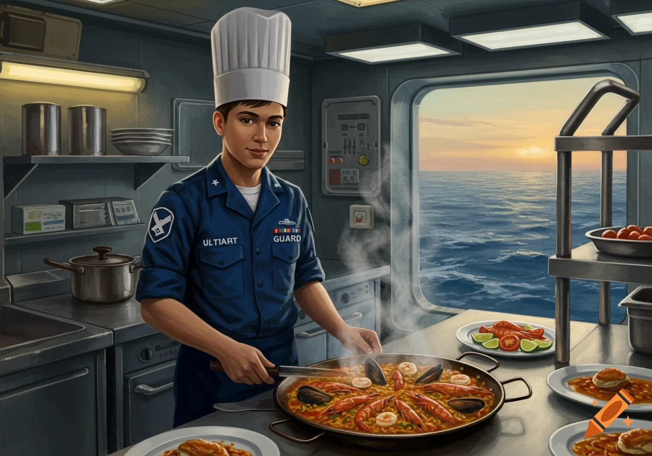 A young Coast Guard culinary specialist wearing a chef's hat cooks paella in a ship's galley at sunset, with the ocean visible through a window.