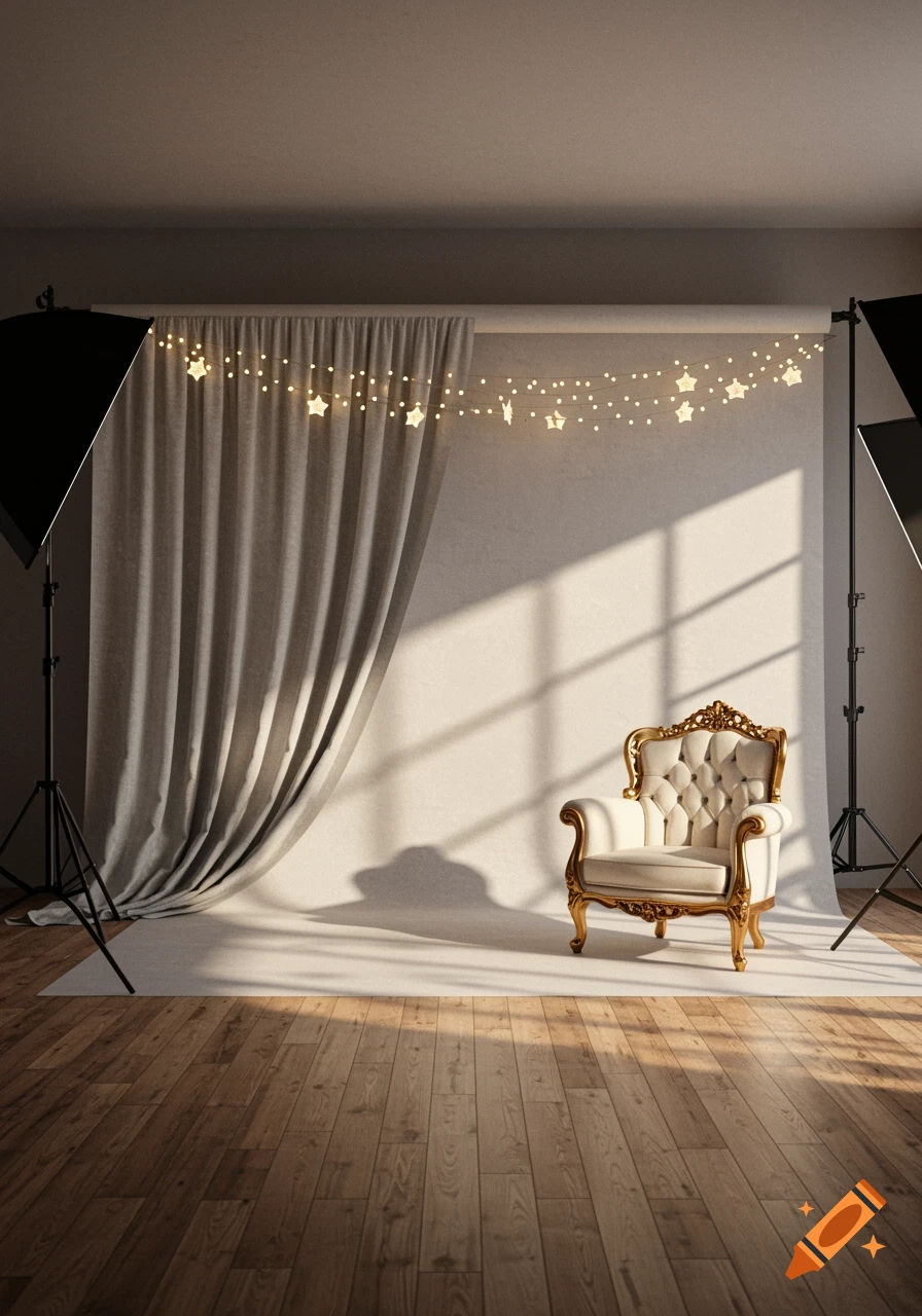 A photorealistic studio setup with a white backdrop, grey curtain, ornate white and gold armchair, and star string lights.