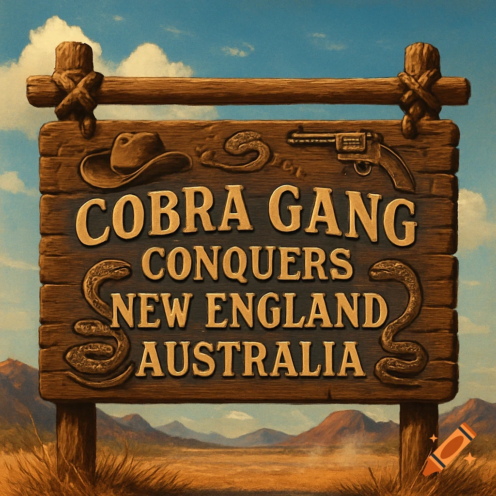 A wooden sign in a wild west desert landscape reads 'Cobra Gang Conquers New England Australia', with a hat, a revolver, and snakes.