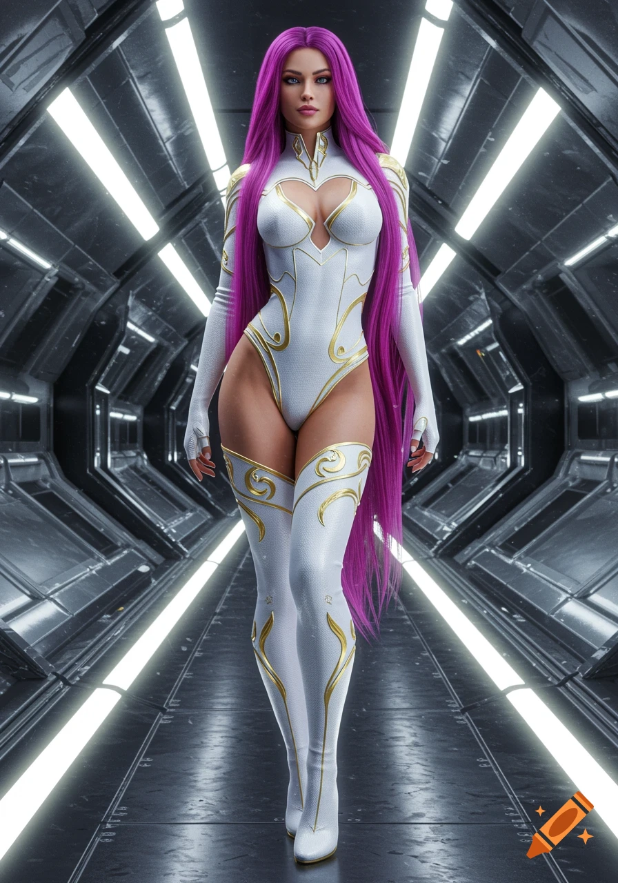 A woman with long purple hair in a white and gold sci-fi bodysuit stands in a futuristic corridor.