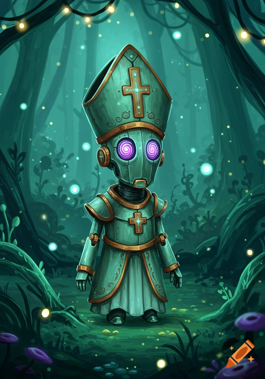 A whimsical toy-like robot resembling a bishop with glowing purple eyes stands in a magical, teal-toned forest.