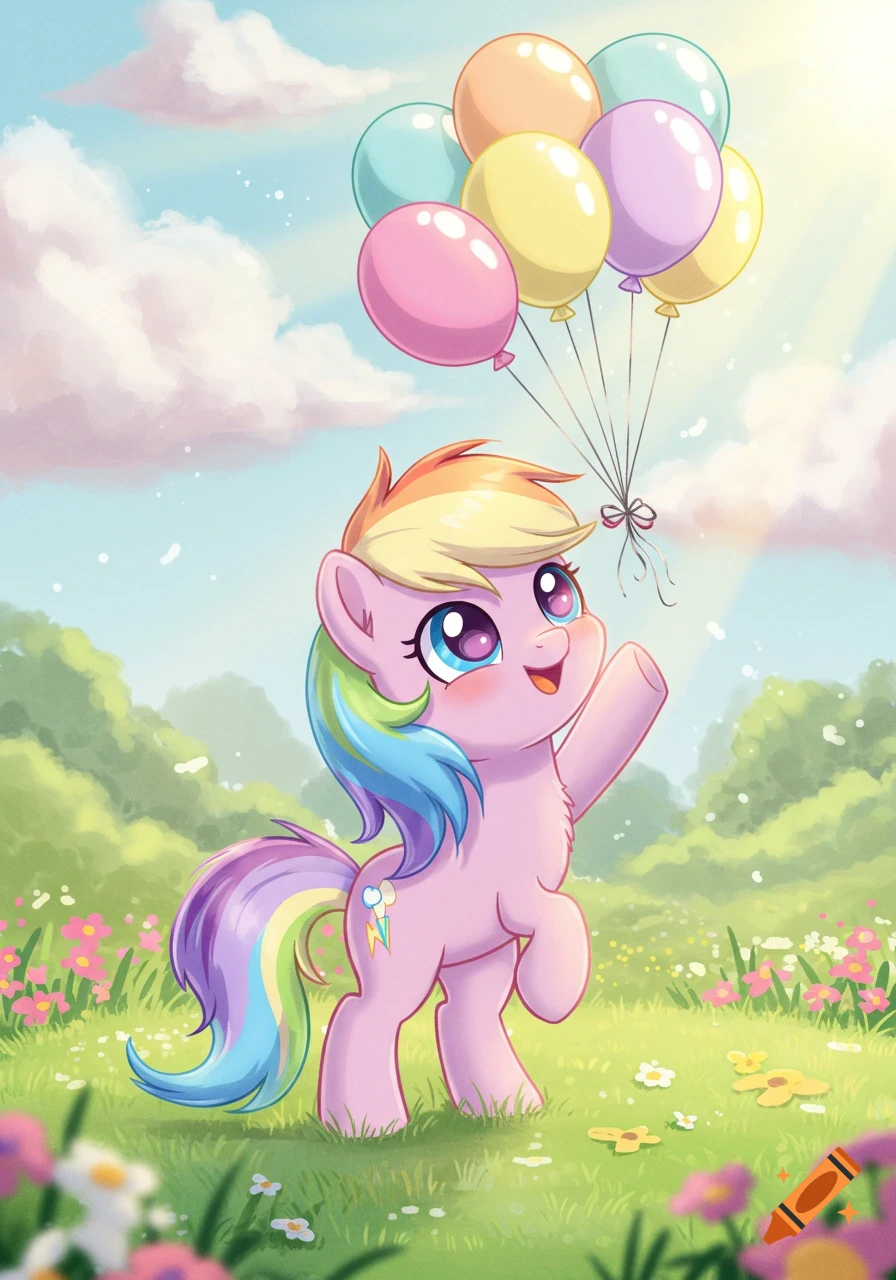 A cute pink cartoon pony with rainbow mane and tail holds colorful balloons in a bright, flowery field under a sunny sky.