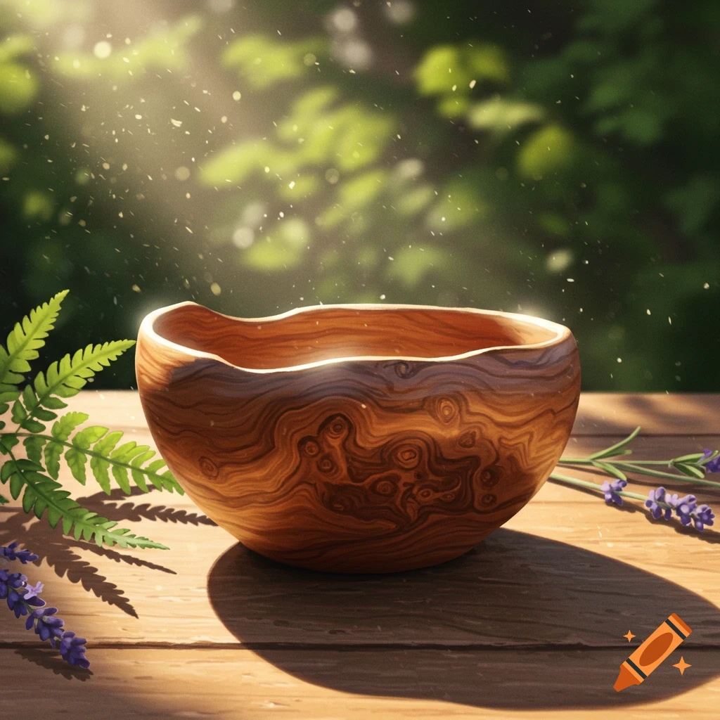 A photorealistic carved wooden bowl on a sunlit wooden table, with fern leaves and lavender, outdoors.