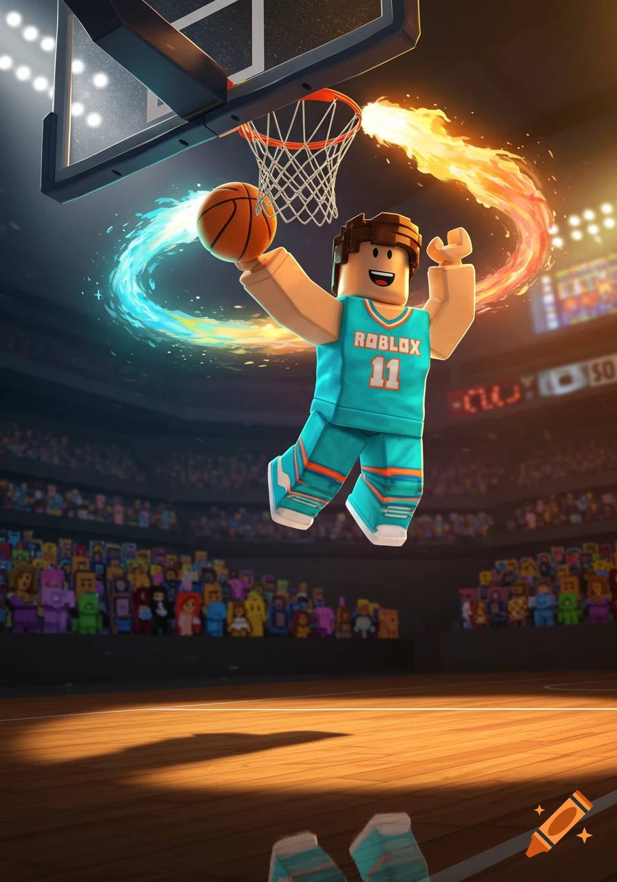 A Roblox character in a turquoise jersey with number 11 jumps to dunk a basketball in a stadium, with fire and ice trails.