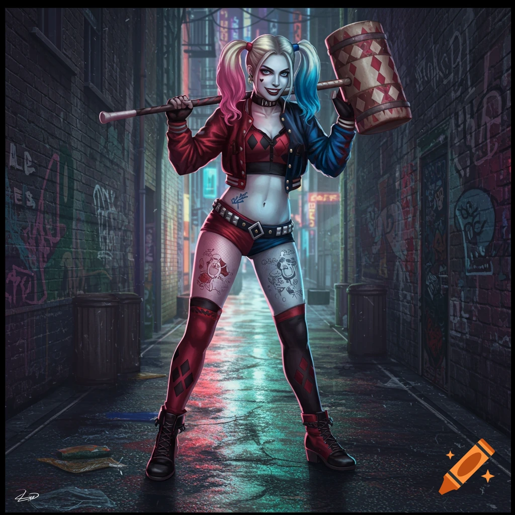 A stylized illustration of Harley Quinn in an alley, holding a large mallet. She wears pigtails, a red and blue jacket, crop top, and shorts, with tattoos visible. The alley is dimly lit by neon signs.