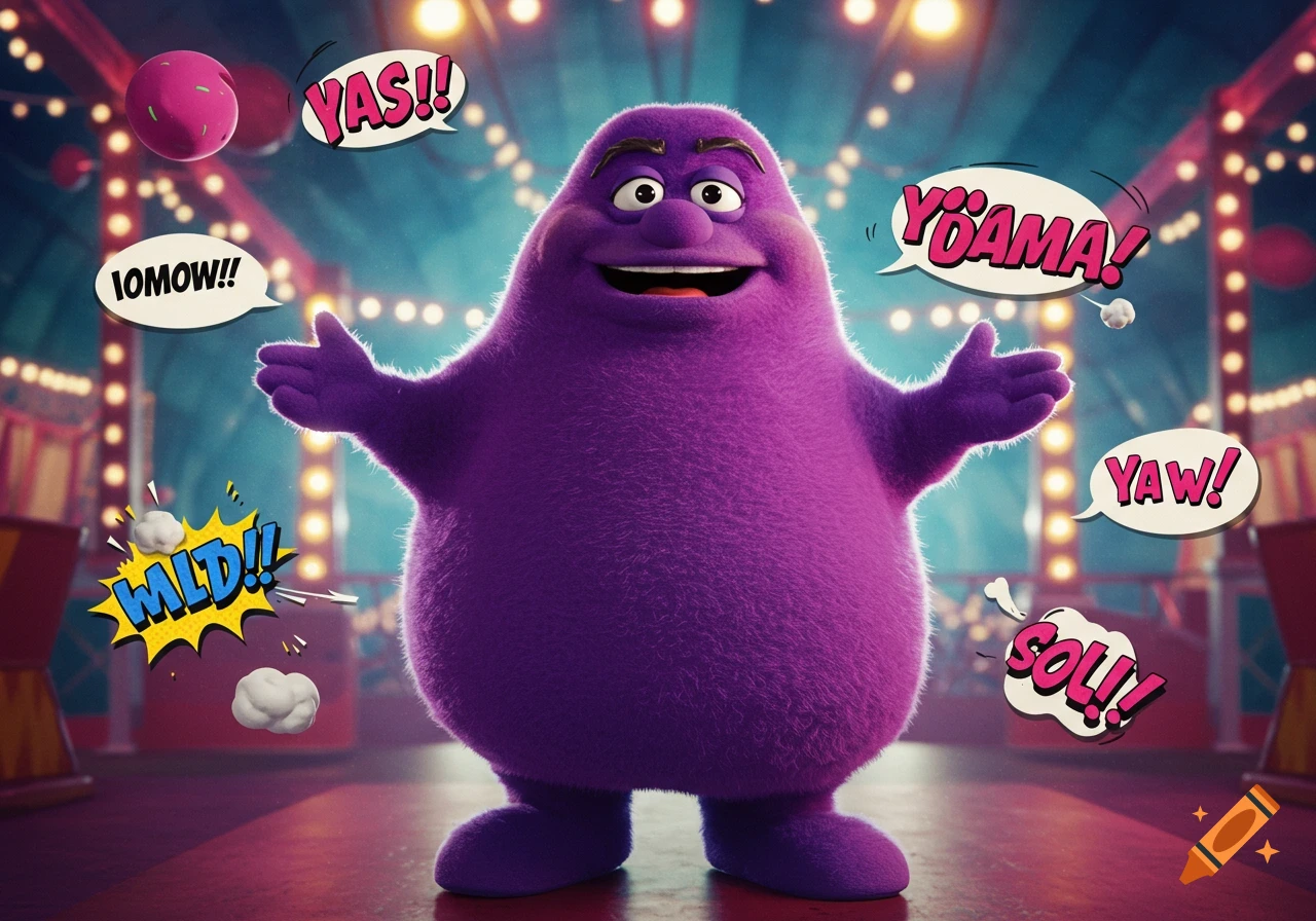A fluffy purple Grimace character stands on a stage with arms outstretched, surrounded by speech bubbles with nonsensical words, under string lights.