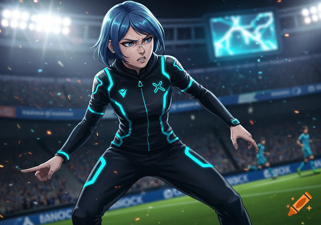 Anime-style female character with blue hair in a black and teal sports uniform in a soccer stadium, pointing with a determined expression.