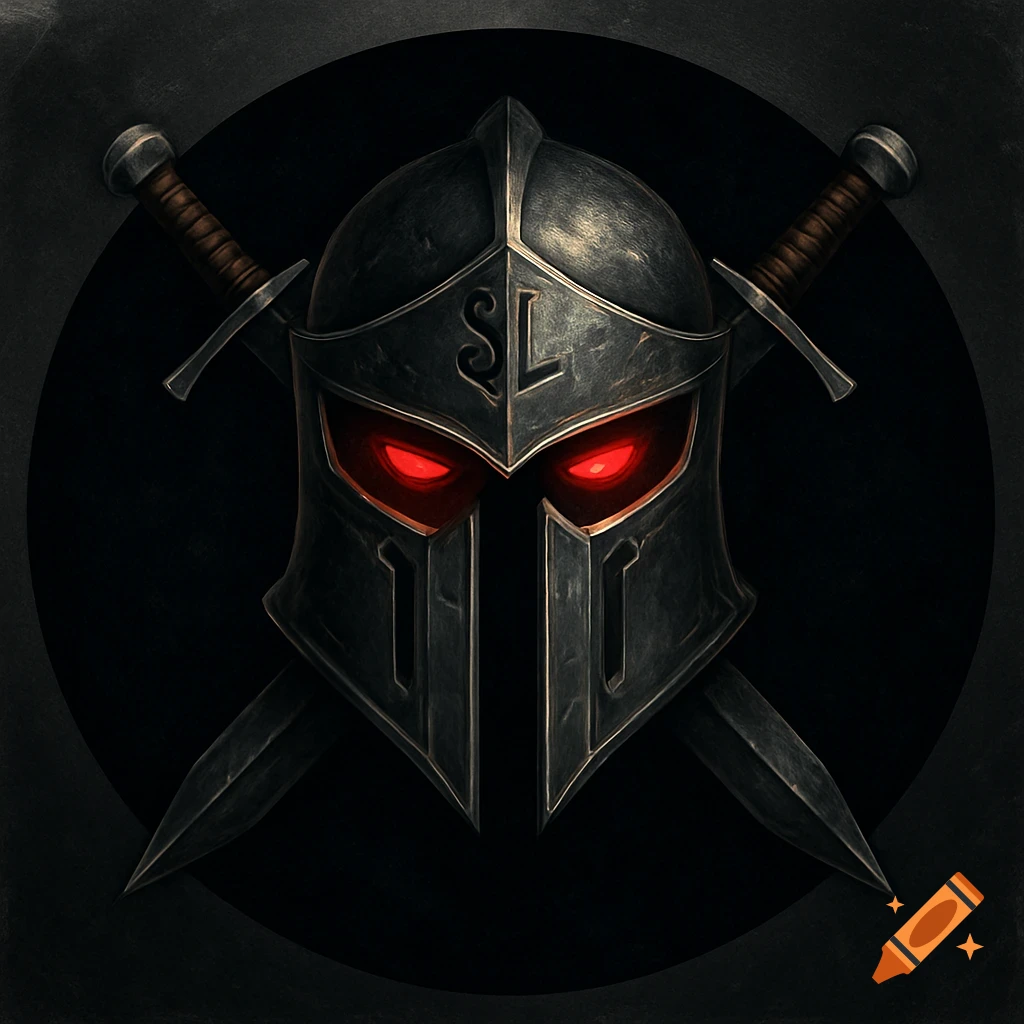 A stylized, battle-worn steel helmet with glowing red eyes and a subtle 'SL' engraving, with crossed swords behind it, on a dark background.