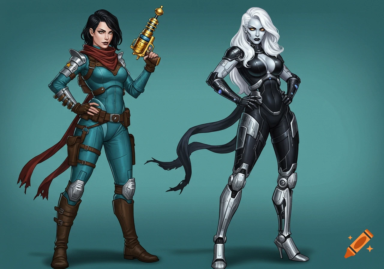 Two stylized female sci-fi characters stand side by side, one in a teal suit with a raygun and the other in a black suit with robotic legs.