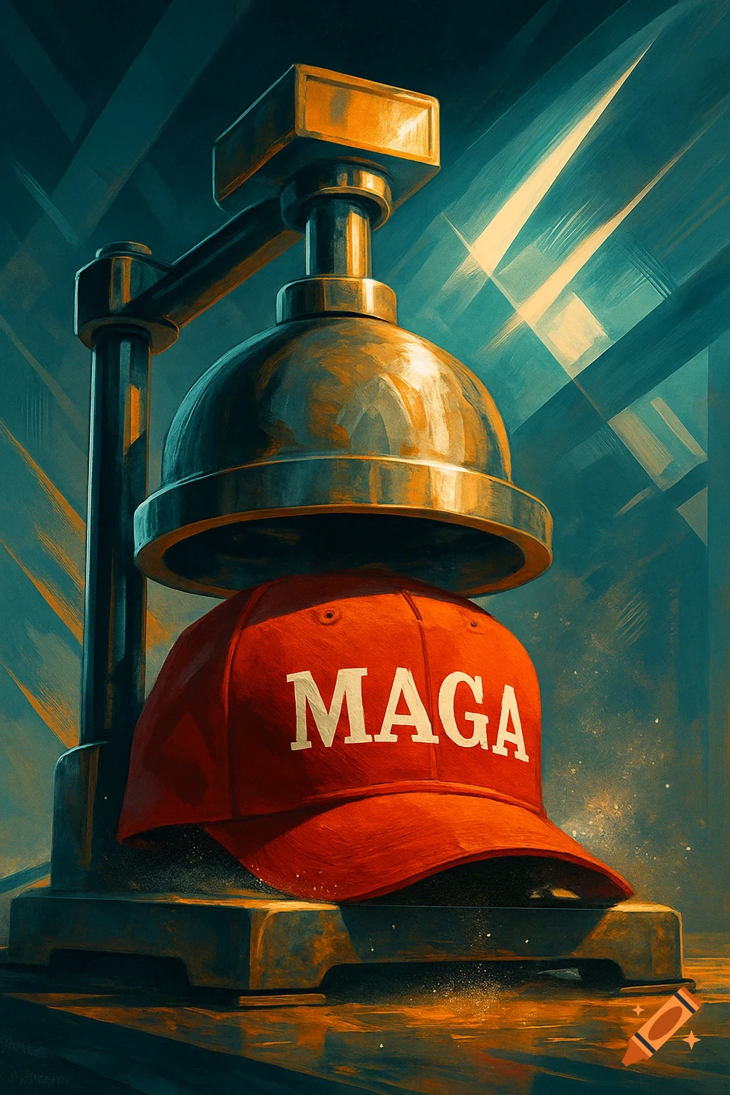 A stylized image of an industrial press pushing down on a red hat with the word MAGA printed in white.