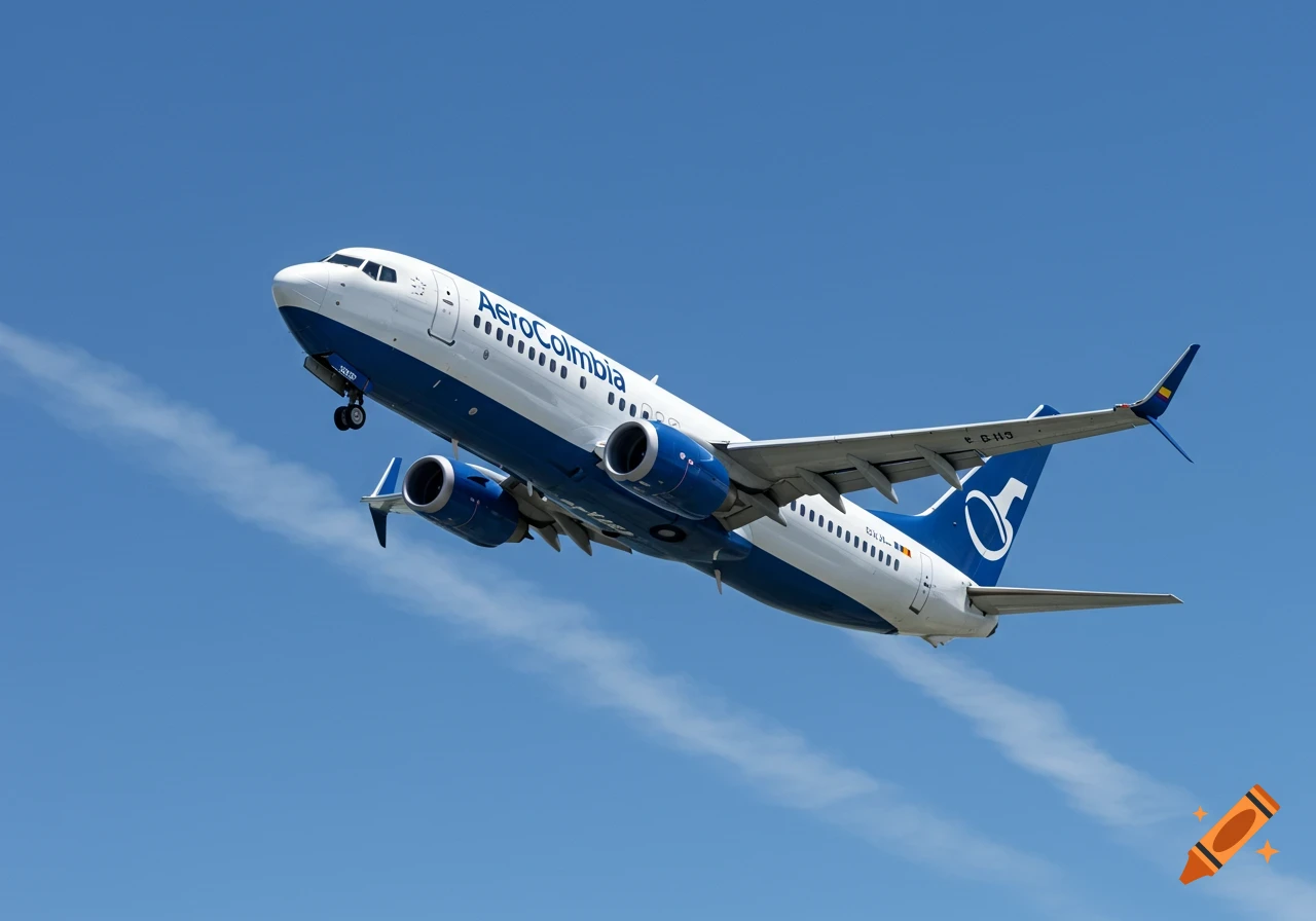 A white and blue AeroColombia Boeing 737-800 airplane takes off into a clear blue sky.