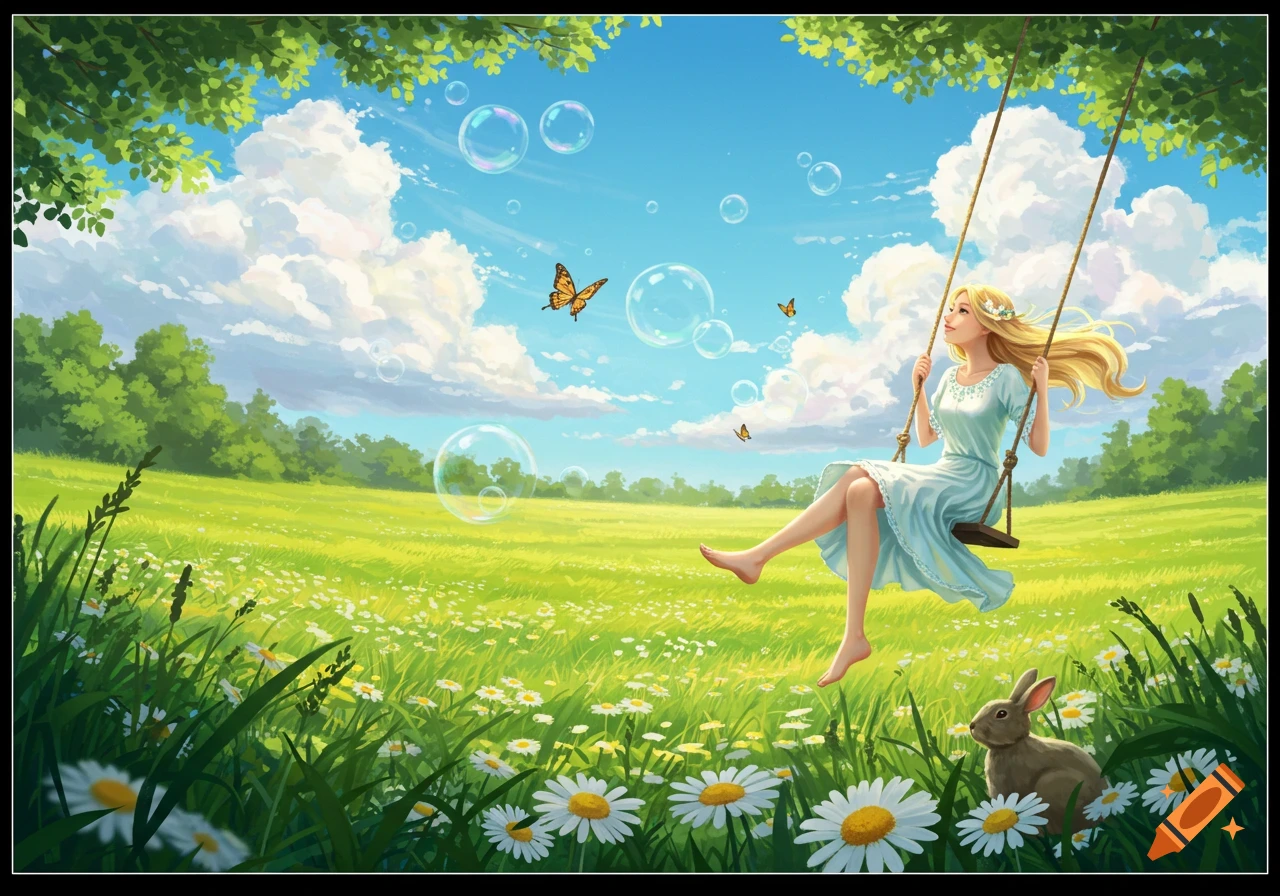 An illustrated fantasy scene of a blonde woman swinging in a field of daisies with butterflies, bubbles, and a rabbit.