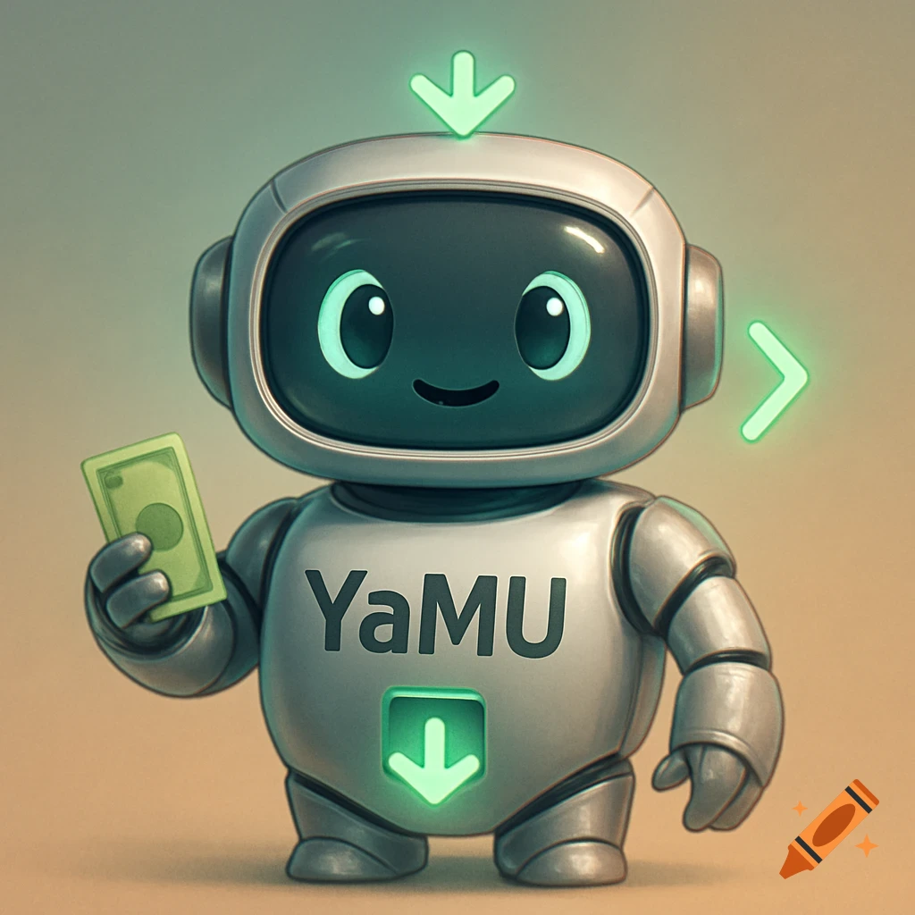 A cute, friendly silver robot holding a green money bill. It has "YaMU" on its chest and glowing green arrows.