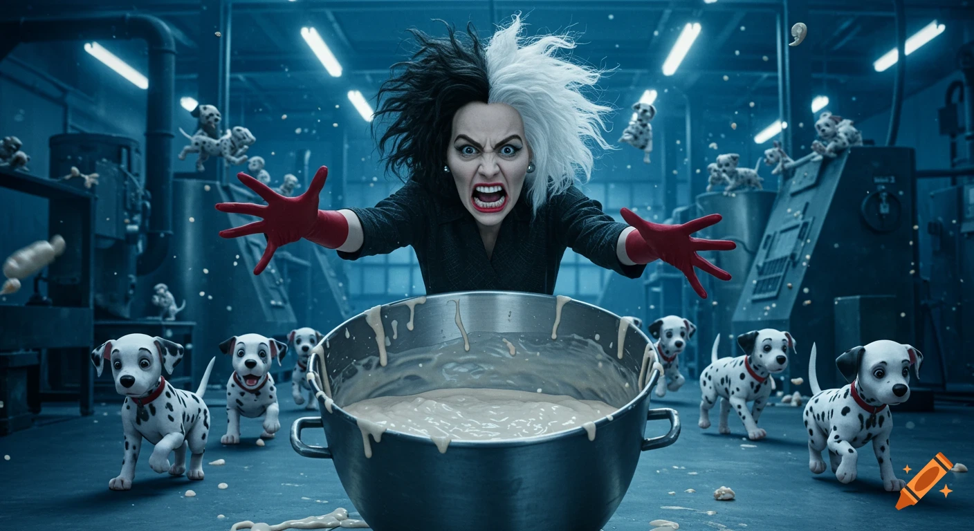 An angry Cruella de Vil with wild black and white hair reaches out with red-gloved hands over a mixing bowl, while dalmatian puppies run around a dark factory.