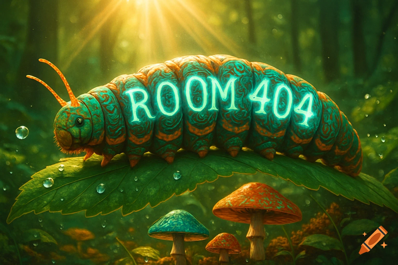 A vibrant, detailed image of a caterpillar with "ROOM 404" glowing on its back, sitting on a leaf in a mystical forest with mushrooms and sunlight.