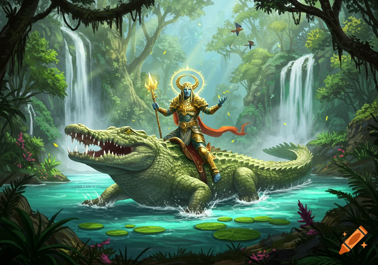 A blue-skinned god in golden armor rides a large green crocodile through a lush jungle with waterfalls.