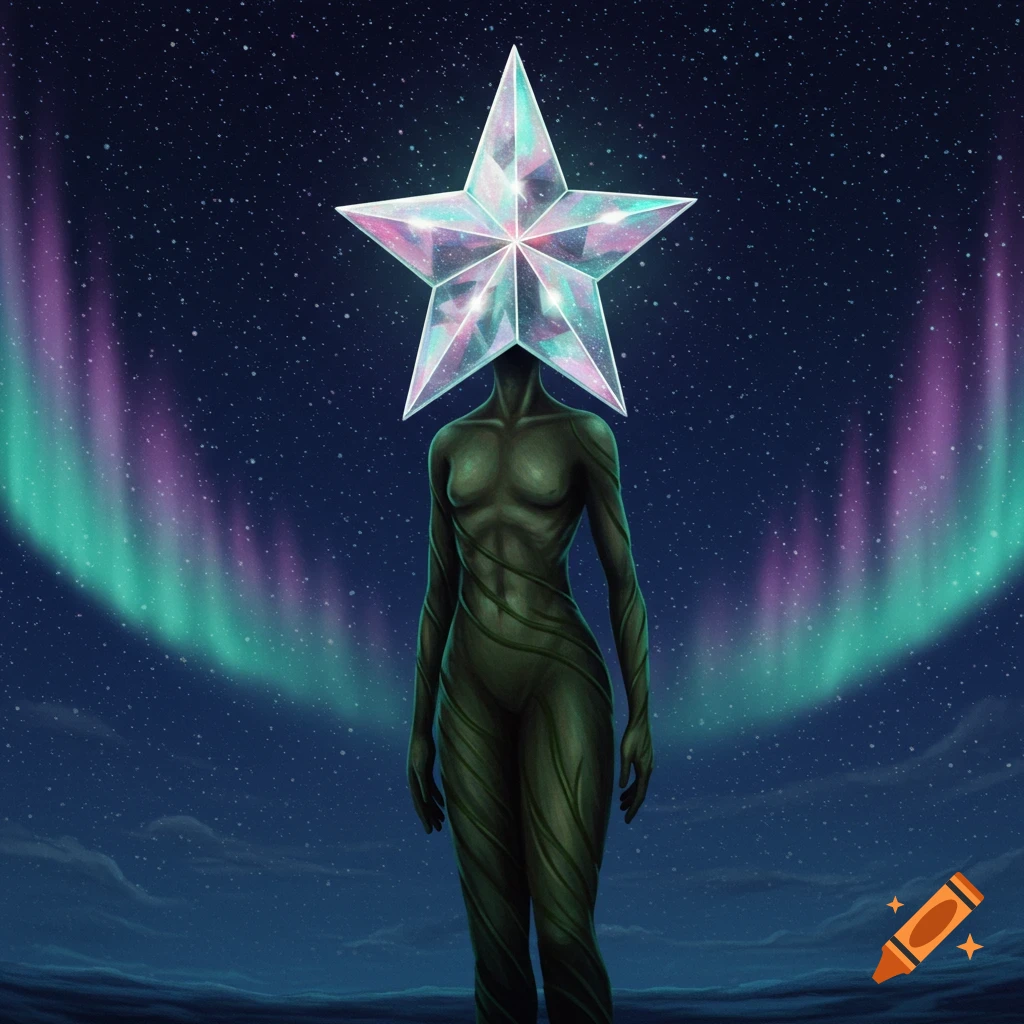 A surreal figure with a faceted crystal star for a head and a vine-like body stands under a starry night sky with aurora borealis.