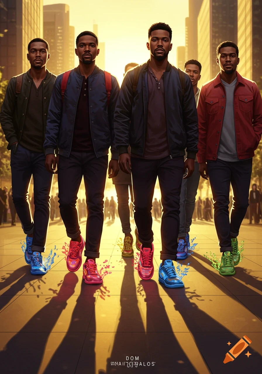 Photorealistic image of a group of men walking towards the viewer on a city street, wearing colorful sneakers that leave behind colorful splashes.