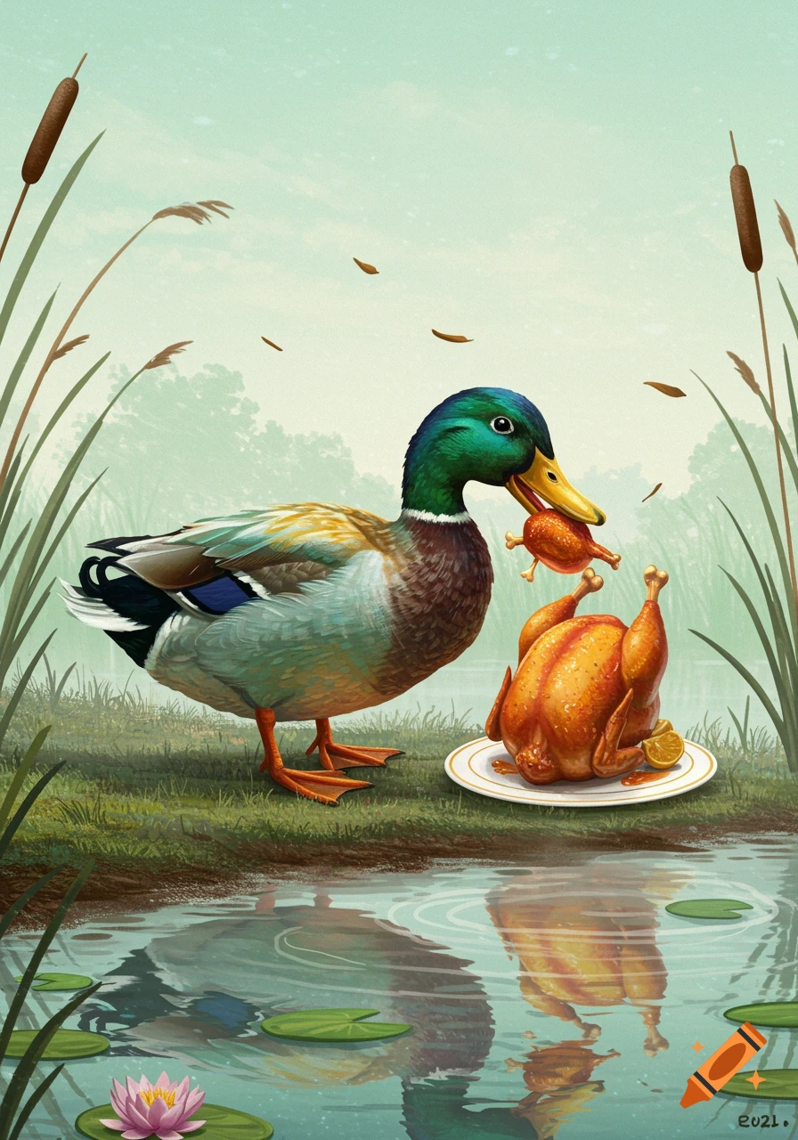 A mallard duck stands by a pond, holding a small roasted chicken leg in its beak, next to a plate with a whole roasted chicken.
