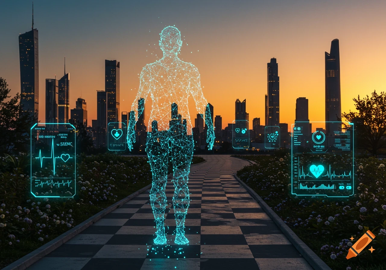 A glowing, wireframe human figure stands on a checkered path in a city park at sunset, surrounded by futuristic health monitoring UI screens.