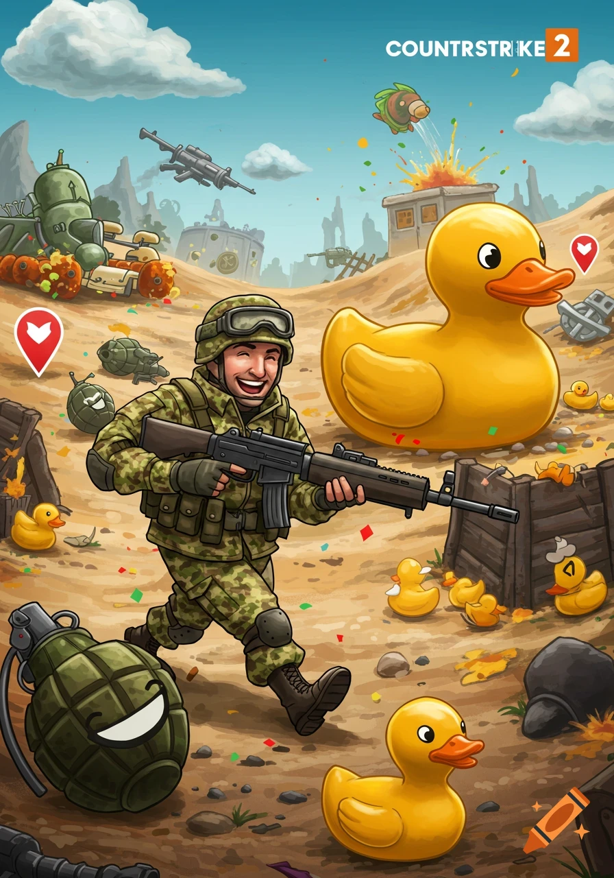 A cartoon soldier with a rifle runs through a desert battlefield with rubber ducks, 'COUNTSTRIKE 2' text.