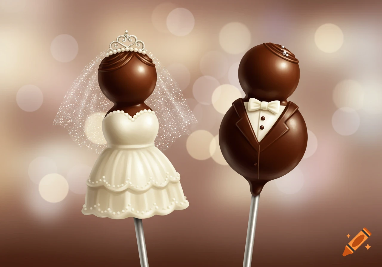 Two chocolate cake pops, one designed as a bride and the other as a groom, stand on sticks against a bokeh background.