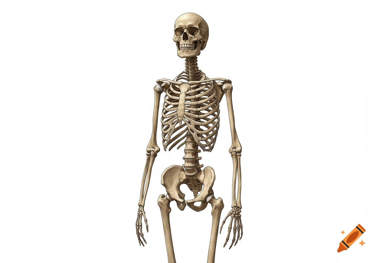 A full human skeleton stands upright against a plain white background.