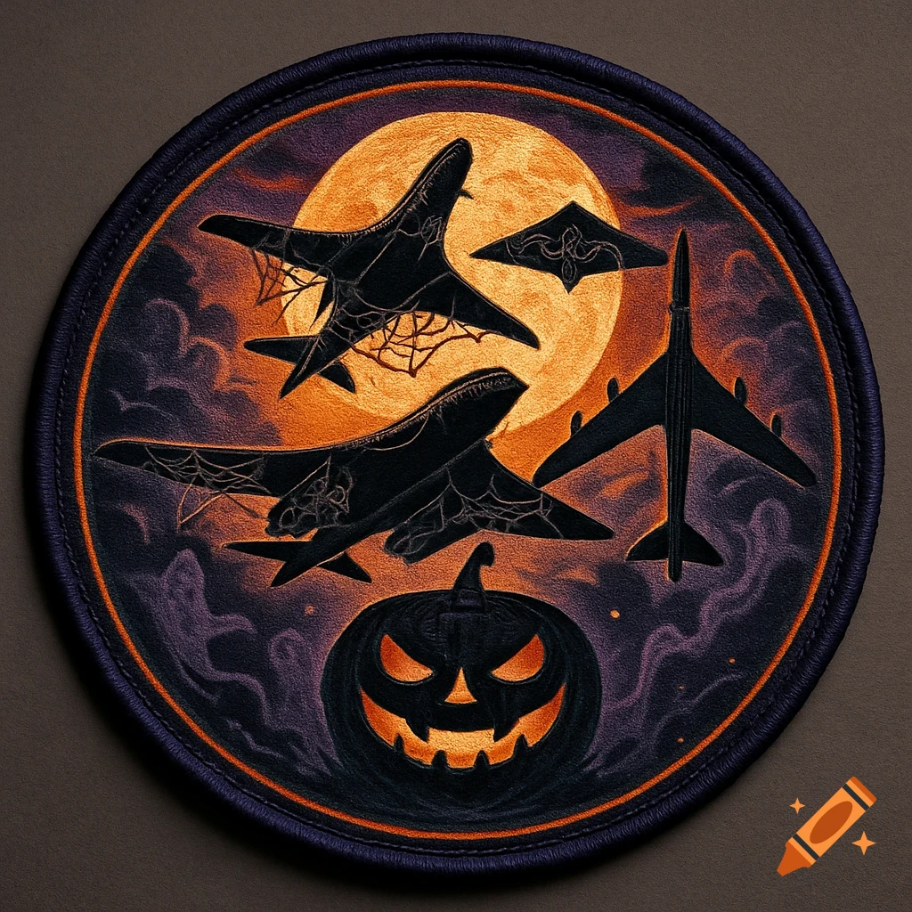 A Halloween-themed military patch with black bomber silhouettes and a jack-o'-lantern against an orange moon.