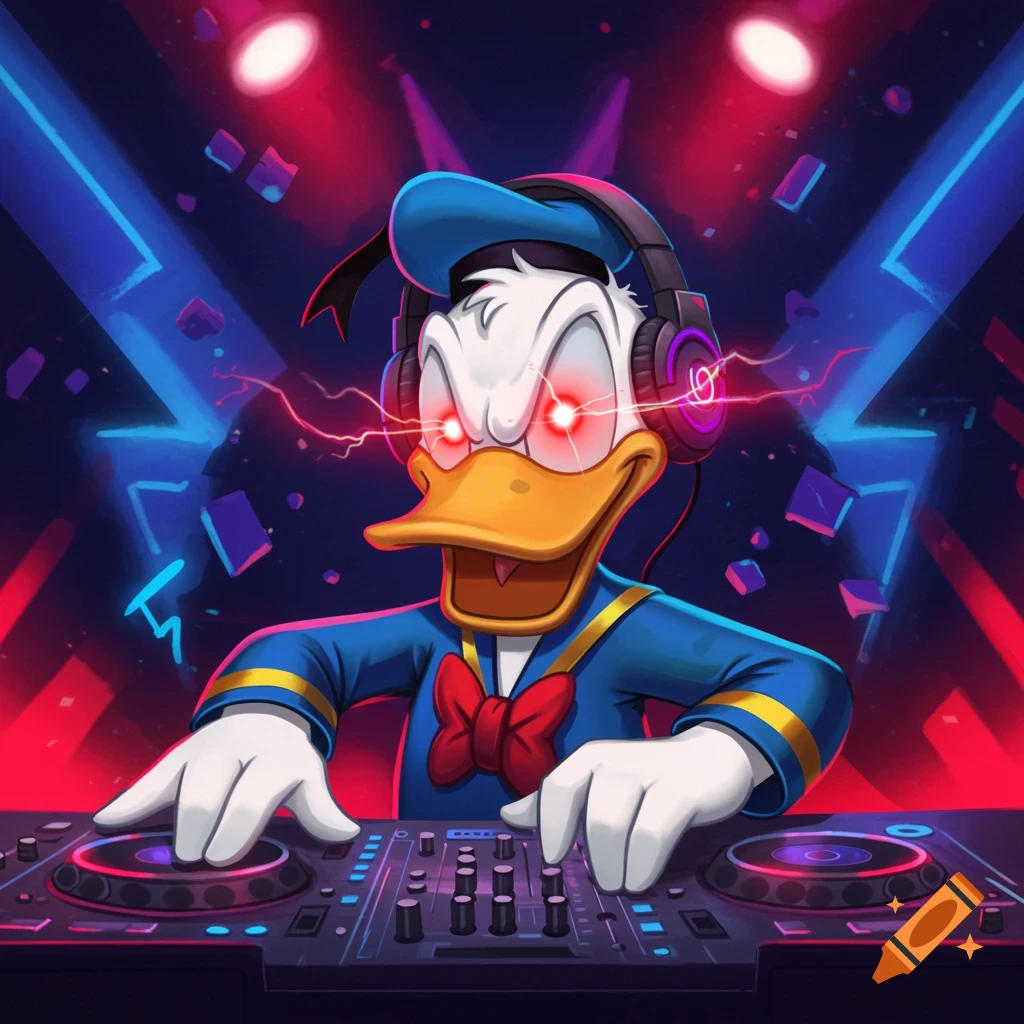 Donald Duck wearing headphones and a blue sailor suit with a red bowtie, mixing music on a DJ deck with glowing red eyes and neon lights in the background.