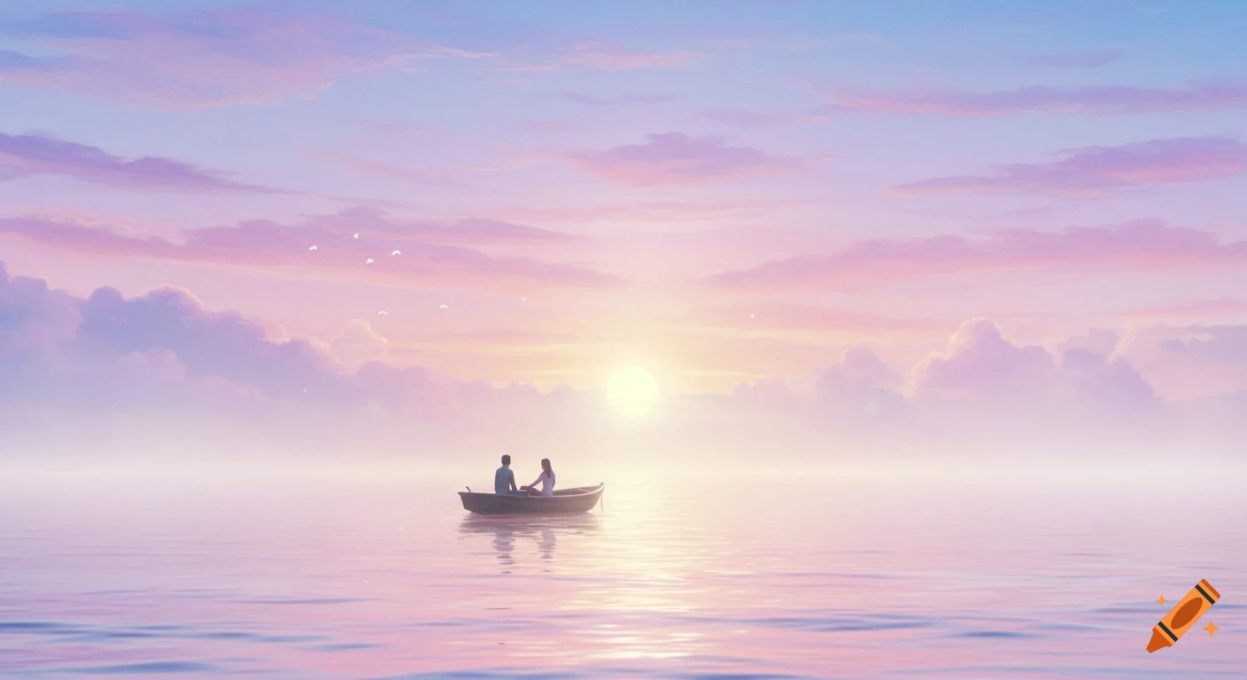 Dreamy watercolor painting of a couple in a boat on a calm, misty sea at sunset with pastel skies.