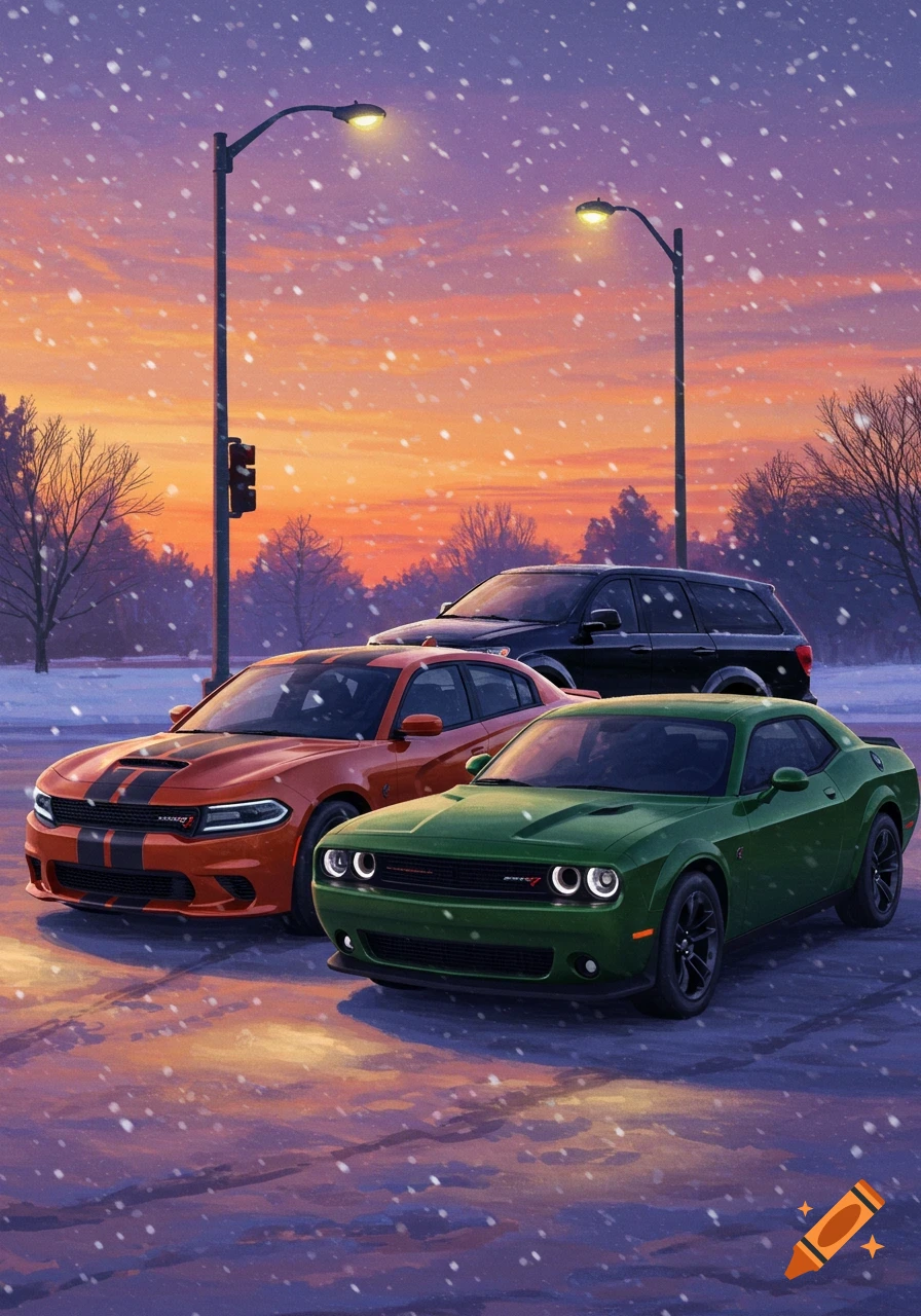 A burnt orange Dodge Charger, a dark green Dodge Challenger, and a black SUV on a snowy street at sunset.