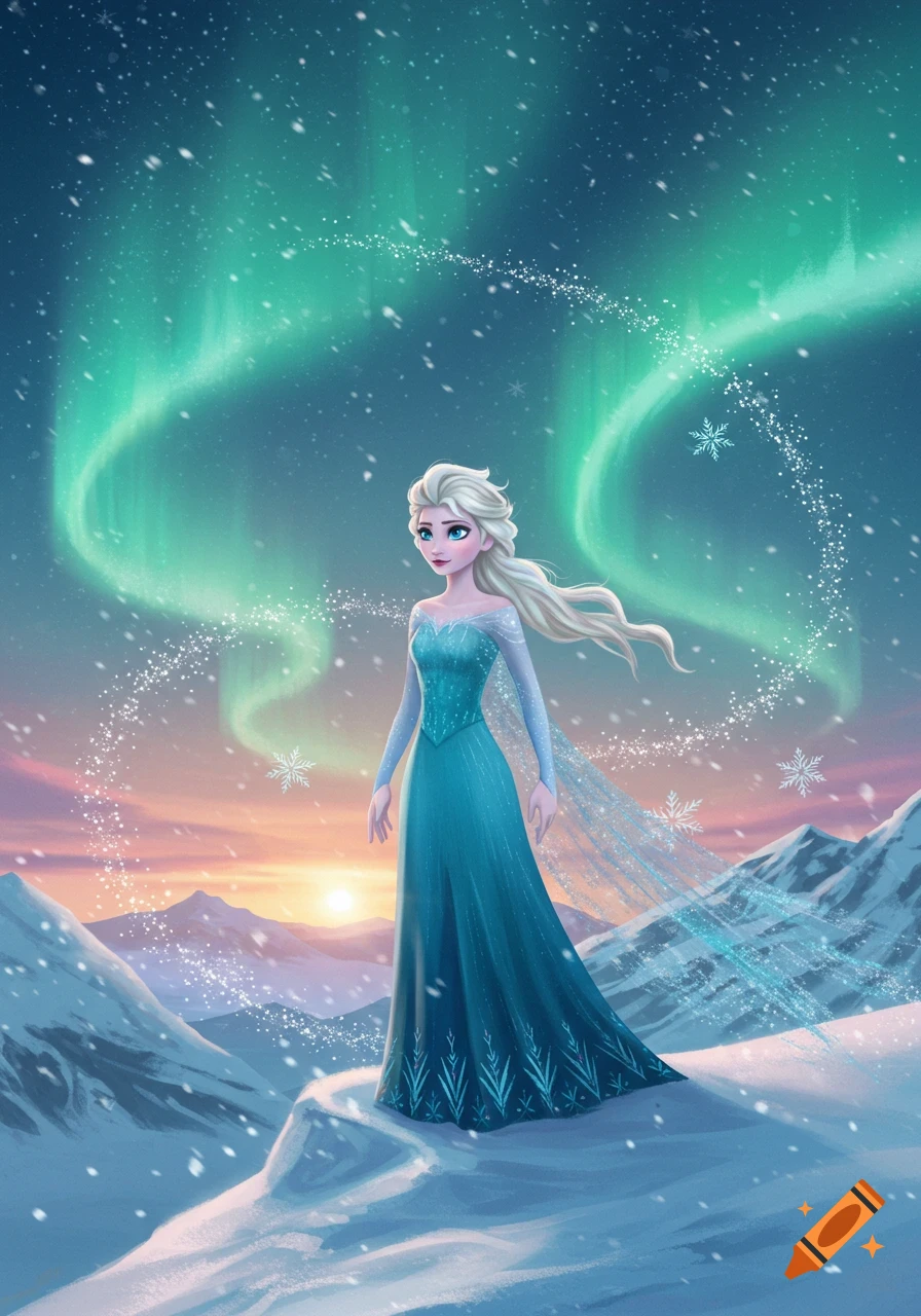 Elsa in a blue dress stands on a snowy mountain under green aurora borealis with sparkling snow.