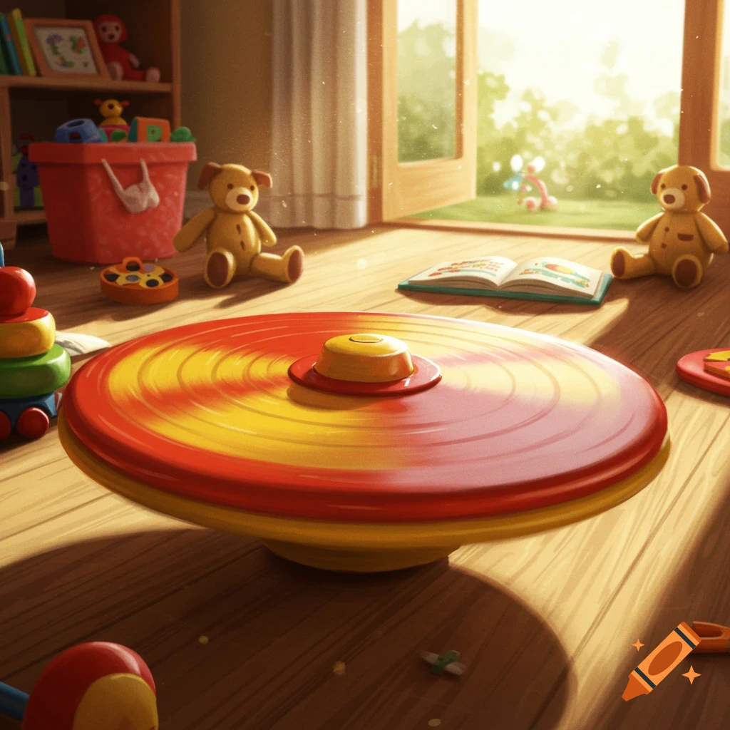 A sunny playroom with a red and yellow Sit 'n Spin toy, teddy bears, and an open book on a wooden floor.