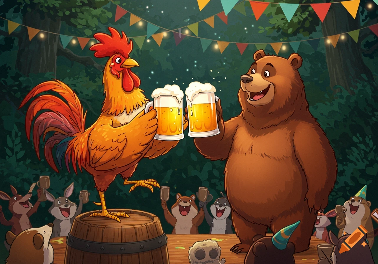 A cartoon caricature rooster and bear toast with beer mugs at a forest party surrounded by other animals.
