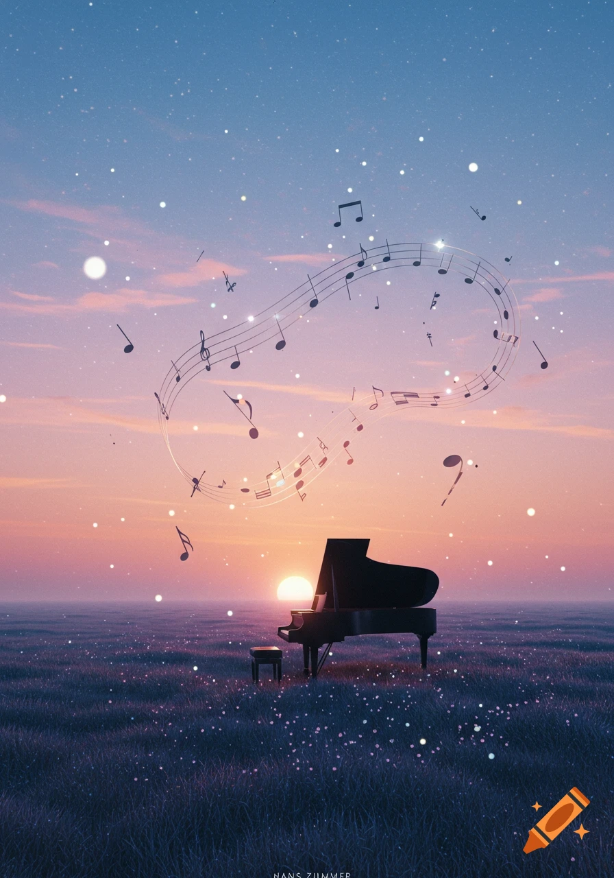 Grand piano in a starry, glowing purple field at sunset, with musical notes floating above it.