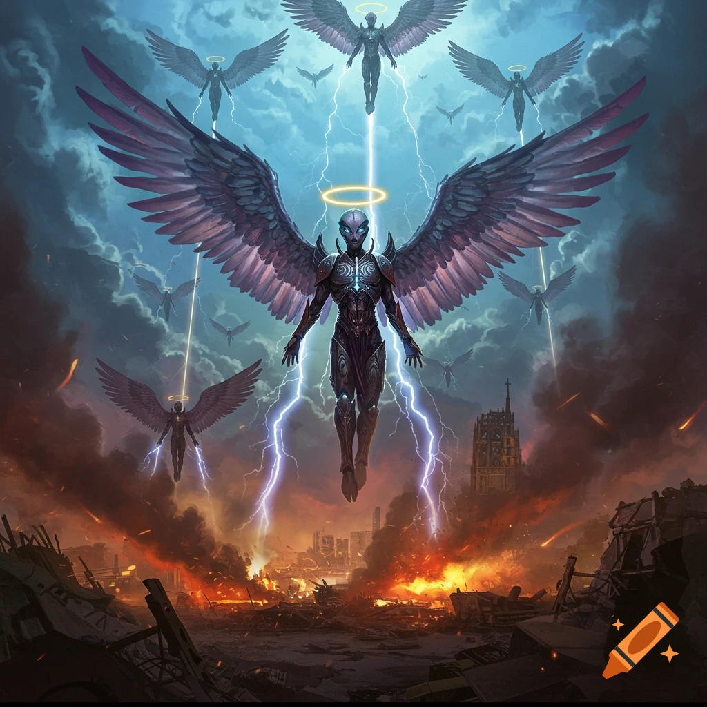 Alien angels with large wings descend from stormy skies, striking a destroyed, burning city with lightning. Detailed fantasy art.