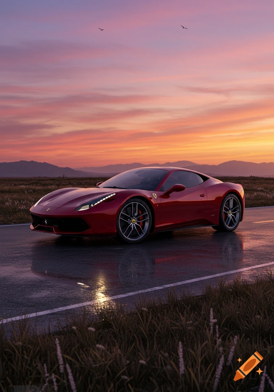 A red Ferrari sports car on a wet road at sunset with mountains in the background, photorealistic style.