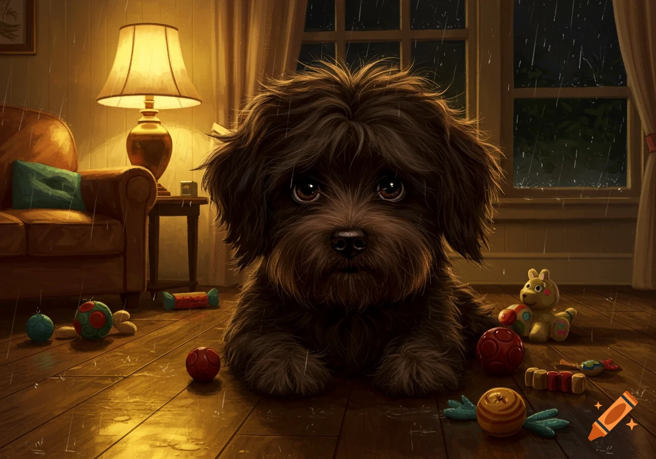 A sad, fluffy dark brown puppy lies on a wooden floor, surrounded by toys, looking at the viewer as rain streaks down a window at night.